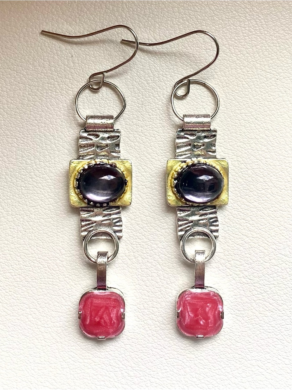 Handcrafted Two-Tone Drop Earrings with Purple and Pink Stones